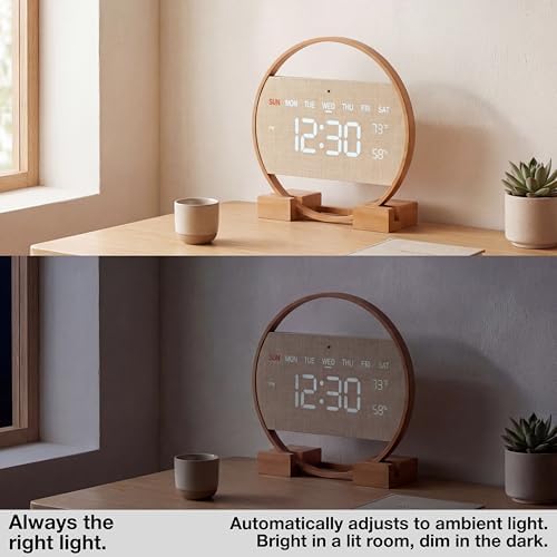 Driini Large Digital Wall Clock -Round Digital Bamboo Wooden Wall Clock - Image 5