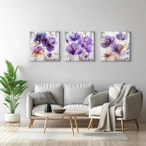 BL BORLINART Purple Wall Art Bathroom Decor Purple and Gold Flower Wall Decor - Image 6