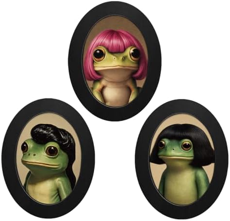 3Pcs Funny Haircut Frog Oval Wall Art Framed Meme Whimsical Decor by Unknown