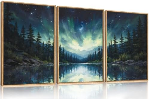 Luminous Northern Lights Forest Lake Framed Canvas Wall Art Set-24"x36"x3 by HOURIA