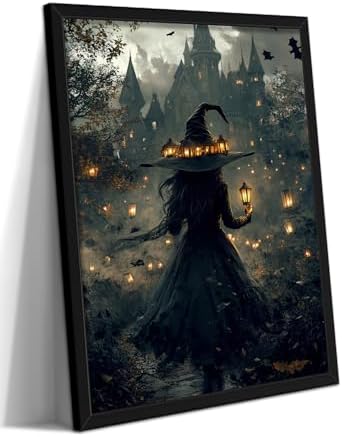 Dark Gothic Halloween Witch Canvas Wall Art, Witch Holding Lantern in Misty by FSYSART