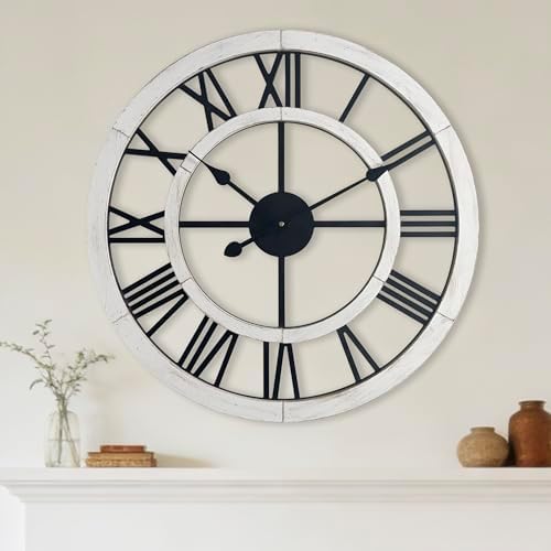 24 Inch Large Rustic Wall Clock Silent Non-Ticking Wooden Wall Clocks by BlueprintIvy