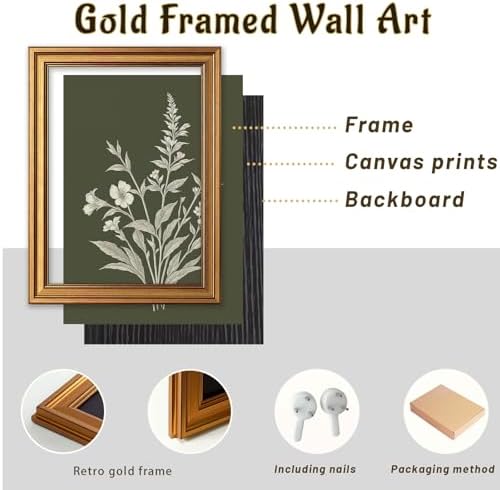 Gold Framed Floral Wall Art, Sage Green Botanical Pictures Wall Decor - Image 2