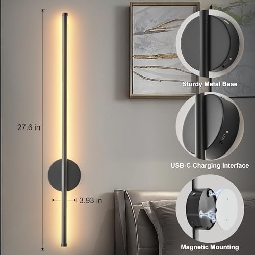 KARTOOSH Battery Operated Modern Wall Sconce Set of Two, 27.6 Inch Black - Image 6