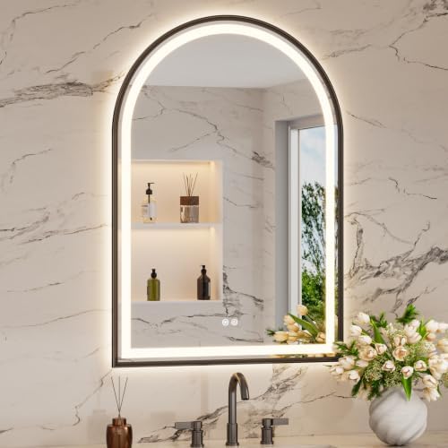 Keonjinn 26x38 Inch Black Arched LED Bathroom Mirror, Frontlit & Backlit by Keonjinn