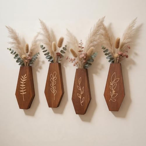 Wood Wall Vase 4 Pack, Modern Farmhouse & Boho Wall Decor Wooden Hanging by Lmlaiudo