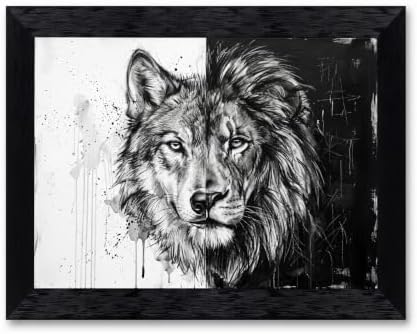 Framed Canvas Wall Art Mixed Media Wolf and Lion Split Face High Contrast by Unknown
