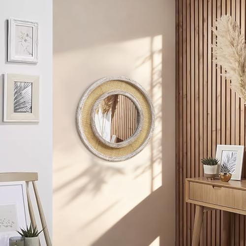 JJUUYOU Round Mirror Wood Framed Circle Rattan Hanging Mirrors - Image 6