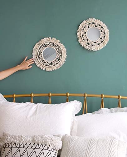 Mkono Hanging Wall Mirror with Macrame Fringe 2 Set Small Round Decoration Boho - Image 3