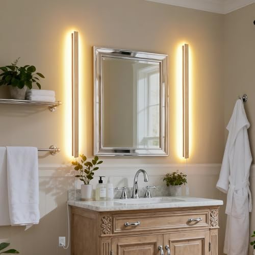 Modern Plug in Long Wall Sconce, 39.3" Faux Wood Texture Finish LED Wall Lights - Image 5