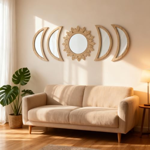 5 Pieces Moon Phase Mirror Wall-Mounted Wall Decor Mirrors Natural Wooden - Image 6