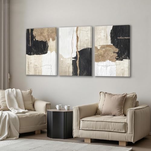 AVECCO Triptych Abstract Black Beige Gold Wrapped Canvas Wall Art 16x24 In - Image 4