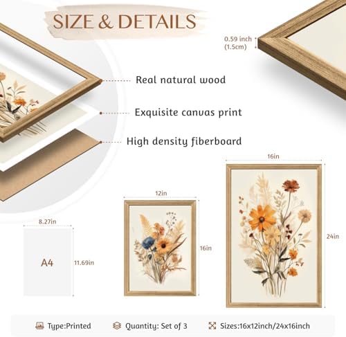 Hianan Wood Framed Vintage Orange Wildflower Wall Art Set of 3, 16x24 in - Image 6