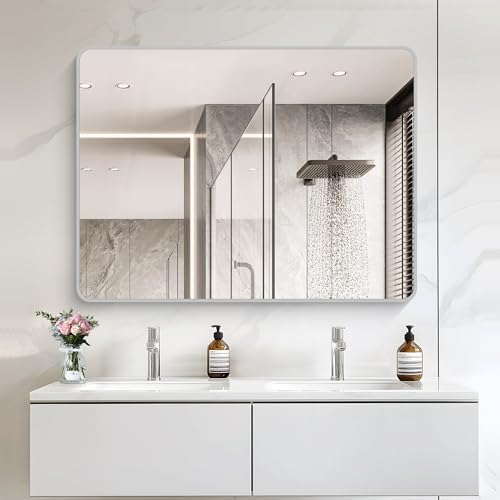 48x36 Inch Silver Bathroom Mirror, Large Rectangular Vanity Mirror, Metal - Image 2