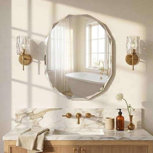 30" x 36" Large Faceted Frameless Wall Mirror, Diamond Edge Oval Bathroom - Image 2
