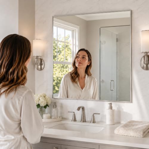 36"x36" Brushed Nickel Framed Square Bathroom Vanity Wall Mirror - Image 4