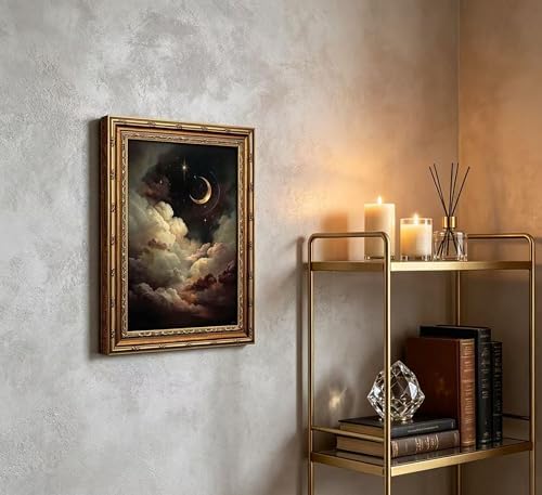 Vintage Gold Framed Celestial Wall Art, Moody Moon and Stars Gothic Painting - Image 6
