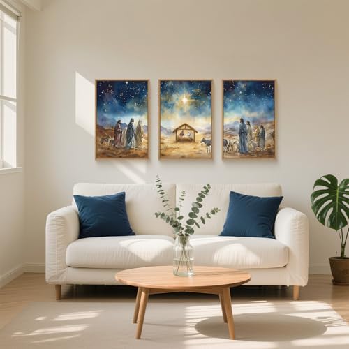 LHIUEM Large Bible Christian Religious Framed Canvas Wall Art Set, Birth of - Image 2