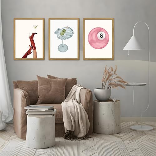 Wood Framed Funky Martini Posters Wall Art Set of 3, Vintage Preppy Aesthetic - Image 2