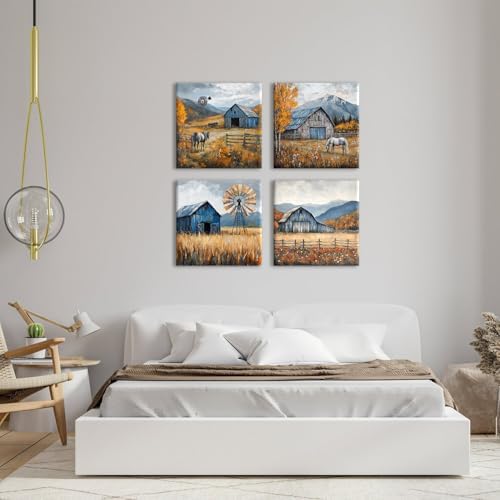 Farmhouse Kitchen Decor Mountain Wall Art Rustic Barn Windmill Pictures Autumn - Image 4