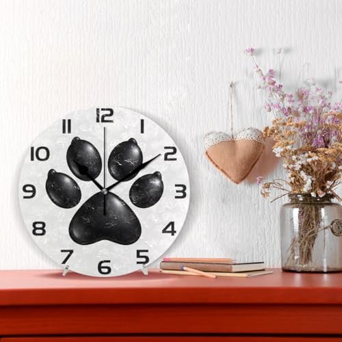ABLINK Black Cute Dog Paw Round Wall Clock, Silent Non Ticking Oil Painting - Image 2