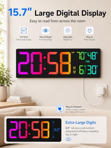 MASHI 15.7" Large Digital Wall Clock, 9 RGB Color Display - Image 2