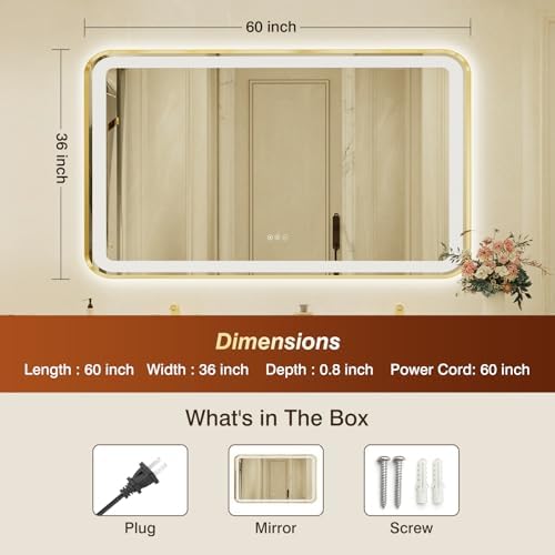 36x60 Inch Gold Framed LED Bathroom Mirror - Image 2