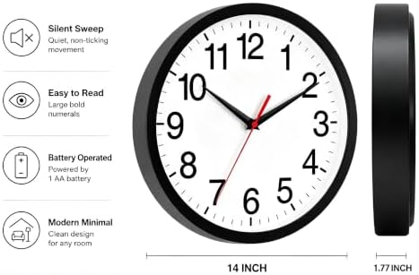 Rohioue Wall Clock Analog 14 Inch Black Battery Operated Silent Clock - Image 3