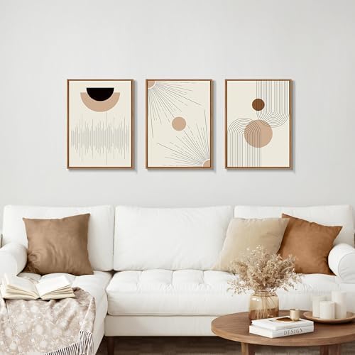 3 Pcs Boho Beige Geometric Lines Framed Canvas Minimalist Wall Art 16"x24" - Image 3