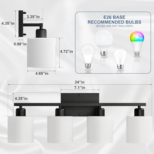 24 Inches Black Vanity Lights for Bathroom E26 Base White Lampshape - Image 2