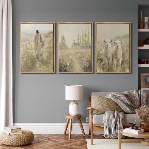 MUDECOR Framed Canvas Print Wall Art Set Jesus and Lambs - Image 4