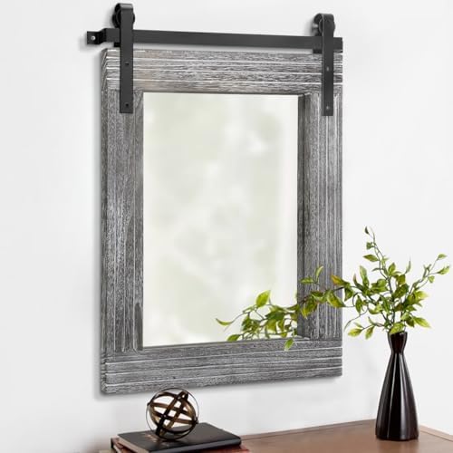 AAZZKANG Barn Door Rustic Mirror Large Wood Framed Wall Mirror 30"x22" by AAZZKANG