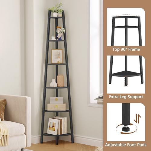 Hoctieon Corner Shelf, 6-Tier Corner Bookshelf, Rustic Ladder Shelf, Industrial - Image 5