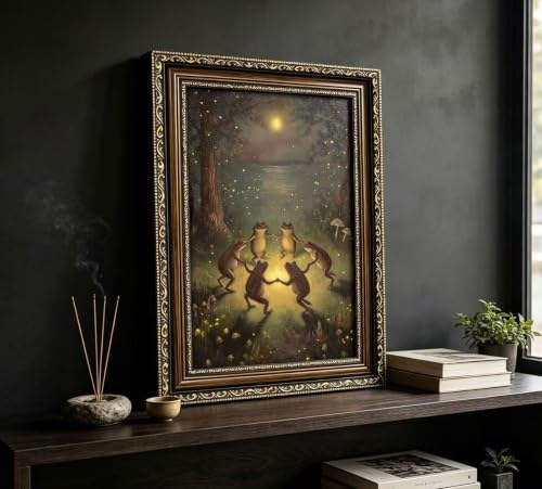 Vintage Gold Framed Frog Wall Art, Frogs Dancing in Moonlight Canvas Print - Image 2