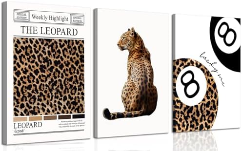 Set of 3 Trendy Leopard Canvas Wall Art Funky Lucky 8 Ball Posters Prints by QQGDecor