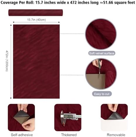 15.7"x472" Burgundy Velvet Wallpaper Peel and Stick Striped Velvet Flocking - Image 2