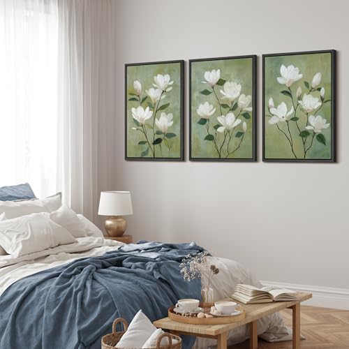MUDECOR Framed Canvas Print Wall Art White Magnolia Floral Soft Green Botanical - Image 3