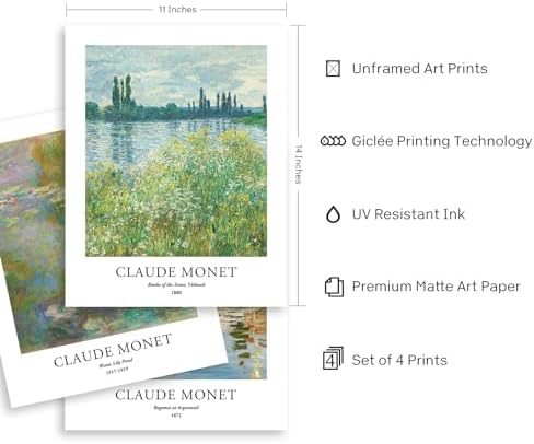EVOLE HOME Claude Monet Giclee Art Prints Set of 4, 11x14 Unframed Seine Water - Image 3
