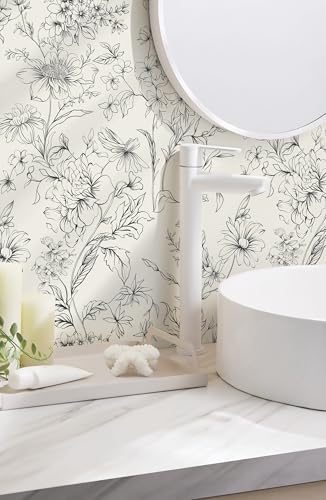 Hopepak Black and Cream White Wallpaper Floral Peel and Stick Wallpaper 17.3" x - Image 6