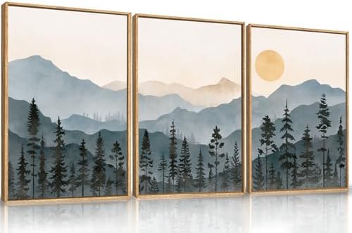 LHIUEM Boho Mountain Framed Canvas Wall Art Set, Forest Pine Tree Wall Decor by LHIUEM
