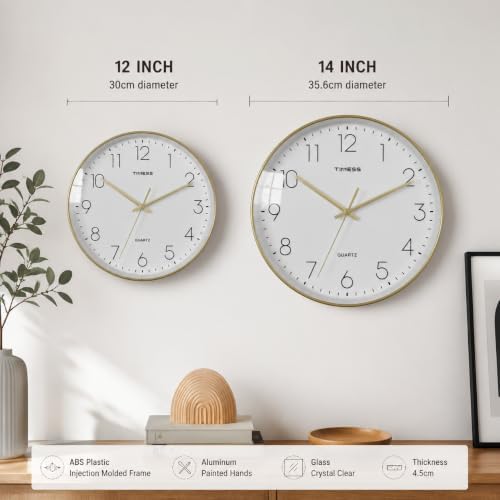 TIMESS 12 Inch Silent Wall Clock，High-Precision Analog Clock，Gold Trim - Image 7
