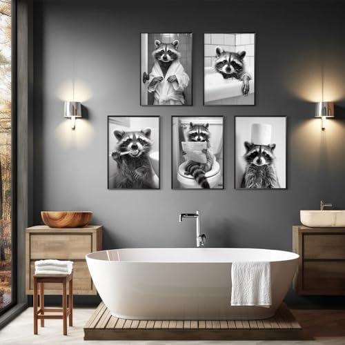 Bathroom Raccoon Decor Wall Art Funny Toilet Animal Canvas Pictures Black And - Image 4