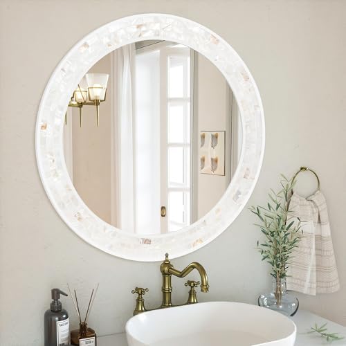 24 Inch Round Bathroom Mirror, Coastal Shell Framed Wall Decor - Image 2