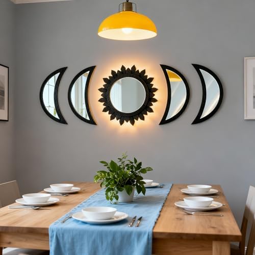 5 Pieces Moon Phase Mirror Wall-Mounted Wall Decor Mirrors Natural Wooden - Image 2