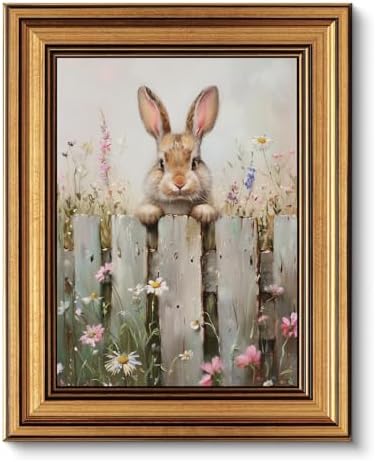 KBKART Gold Framed Bunny Wall Art, Rabbit and Wildflowers Painting 8x10Inch by KBKBART