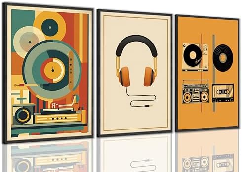 3Pcs Vintage Music Canvas Wall Art MidCentury Modern Vinyl Turntable Painting by SolaireCraftwallart