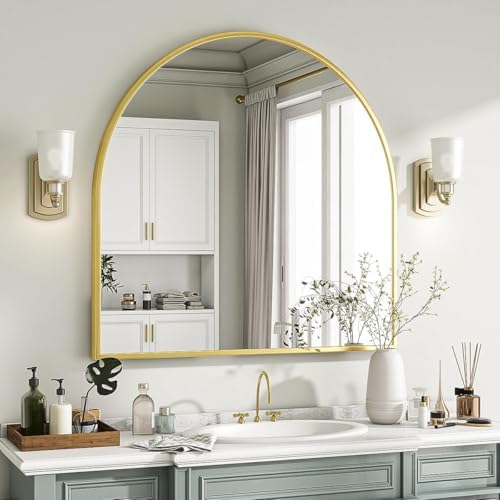 VooBang Wide Arched Wall Mirror, 31 x 32 inch Arch Bathroom Mirror Gold - Image 2