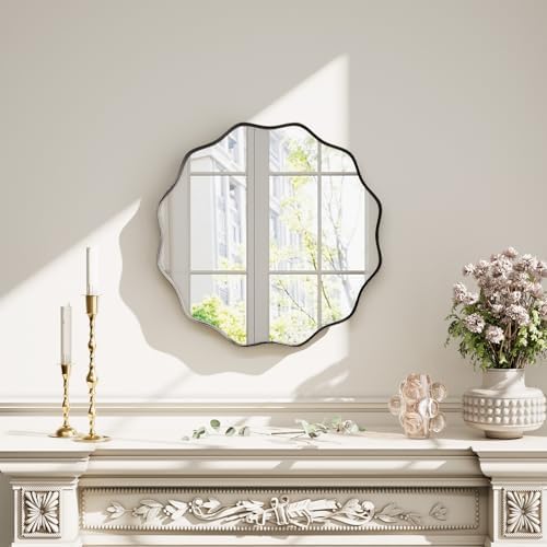 Round Scalloped Edge Wall Mirror 20 in Black by Unknown