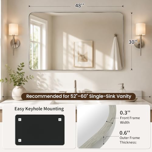 30x48 Inch Brushed Nickel Rounded Rectangle Bathroom Vanity Mirror - Image 2