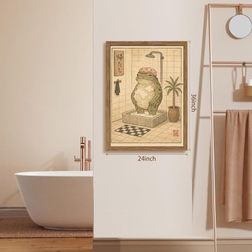 Framed Vintage Frog Bathroom Wall Art, Funny Cute Green Frog in Bubble Bath - Image 4